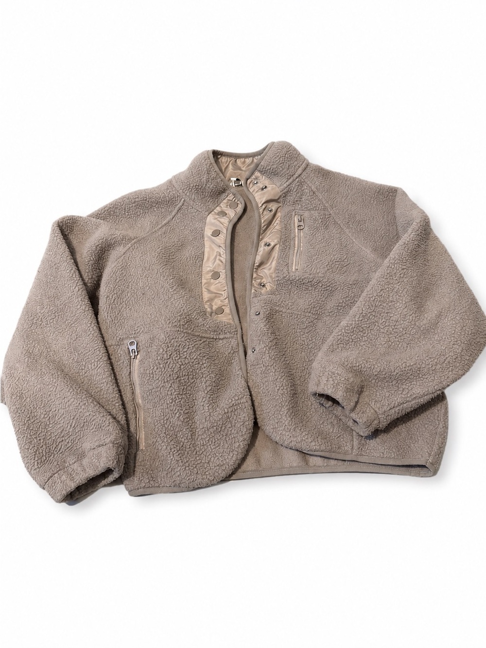 Woman Taupe Sherpa Puffer Jacket with Zip Pockets